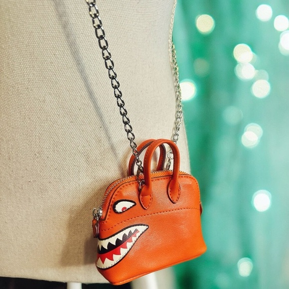 NEW Vegan Leather Orange Shark Cartoon Micro Bowler Bag Crossbody / Bag Charm - Picture 1 of 11
